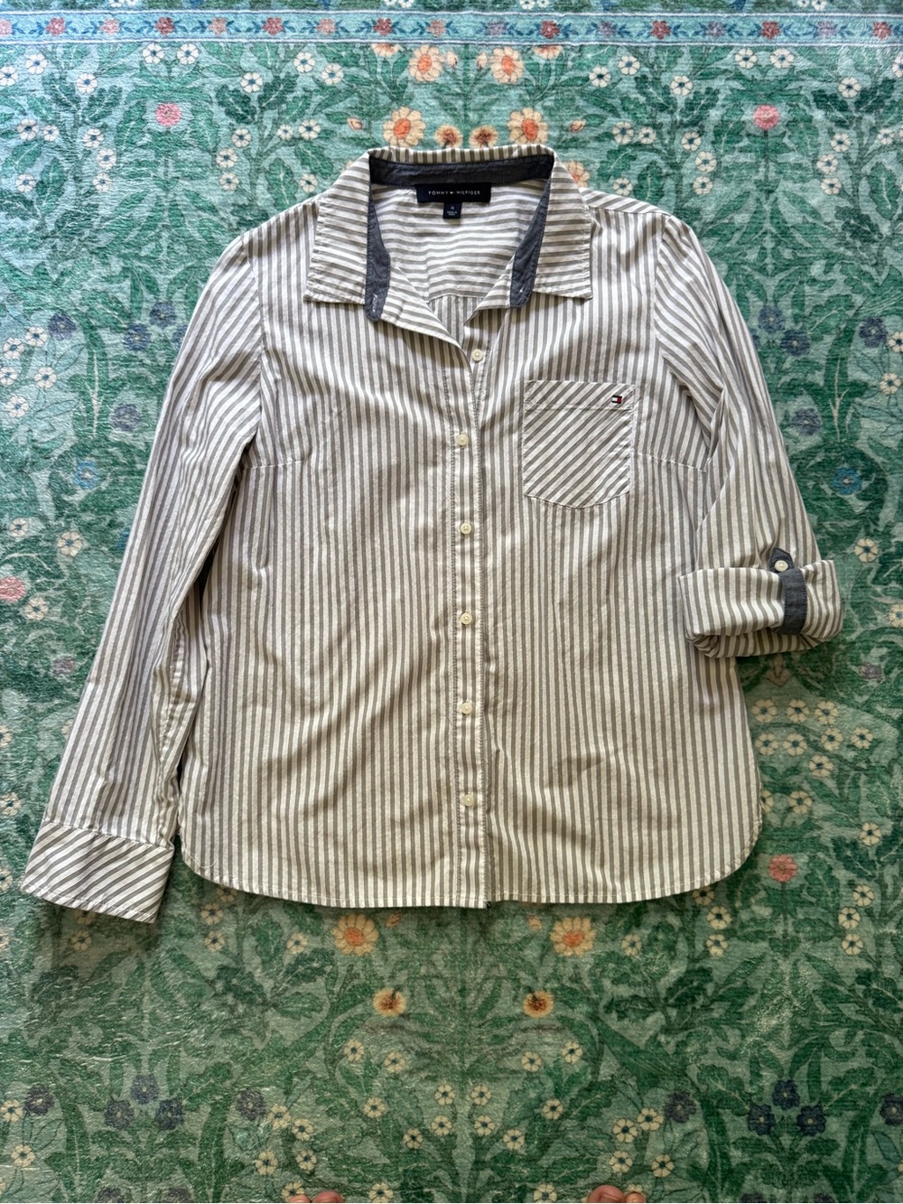 Tommy Hilfiger Gray and White Striped Button-Up Shirt